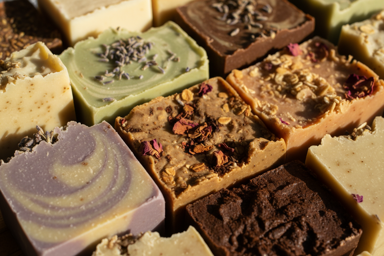 close up on a collage of soaps